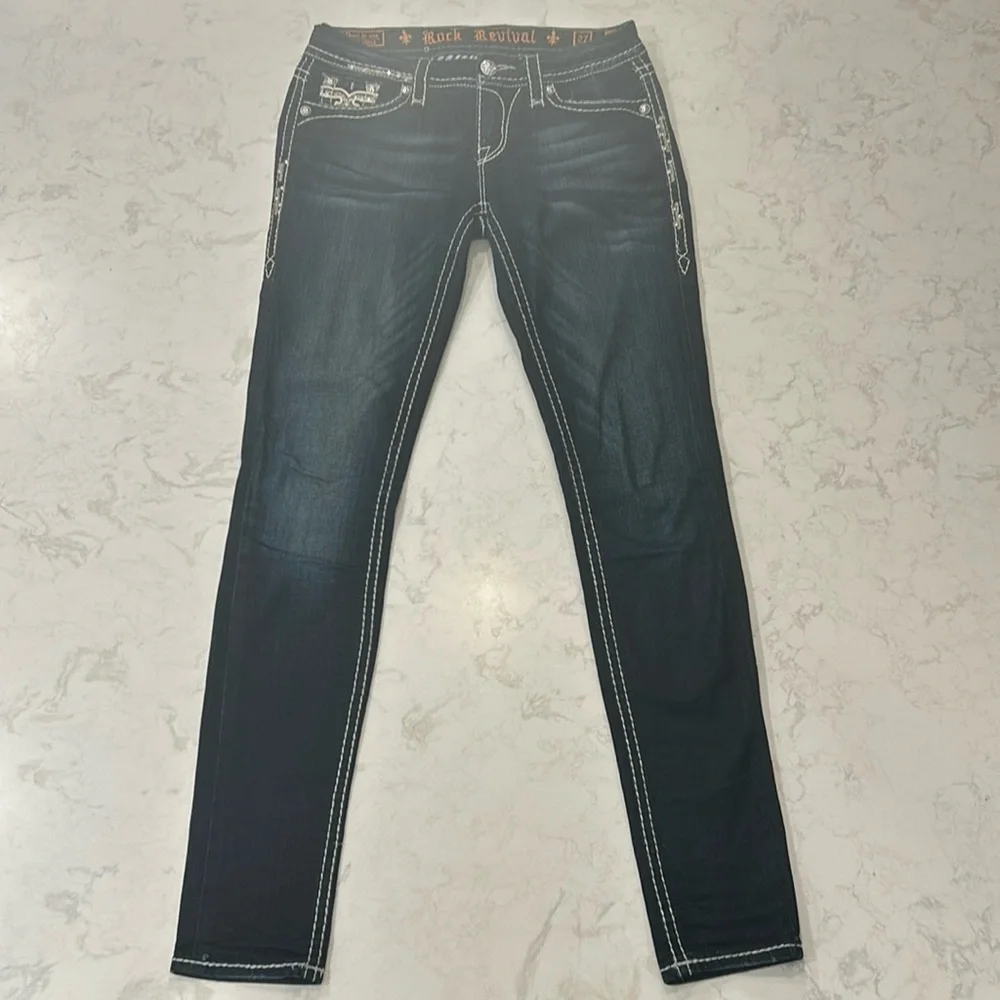 Rock Revival Karla Skinny Jean 27 Embellished Bling Low Rise Dark Wash - Picture 2 of 16